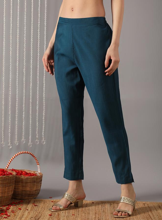 globus Women Teal Embroidered Straight Kurta with Pant and Dupatta Set - Image 4